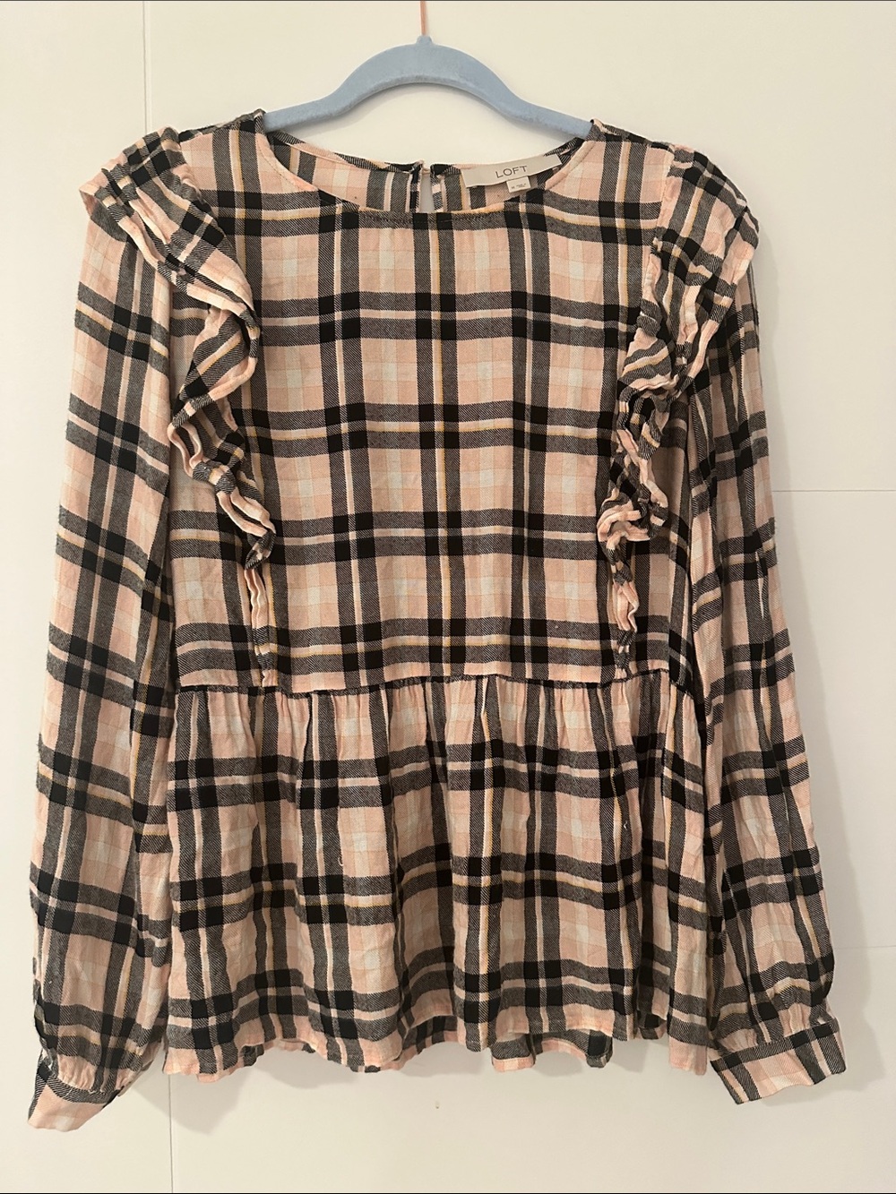 LOFT Pink and Black Plaid Ruffle Peplum Blouse